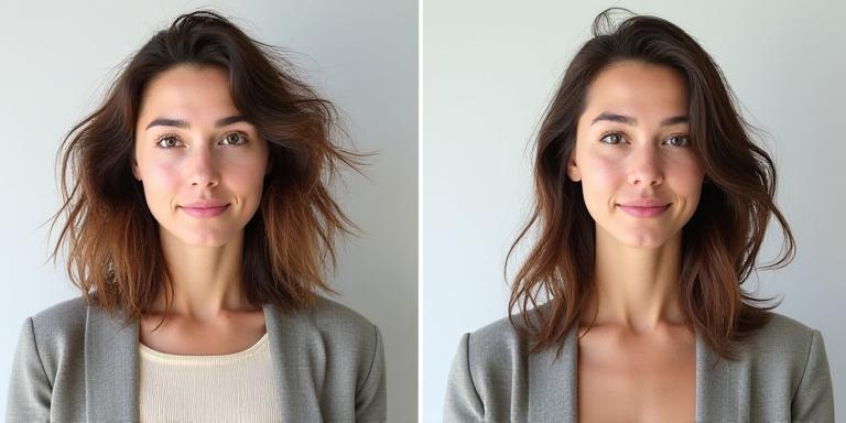 Before and after quick hair refresh for commuters