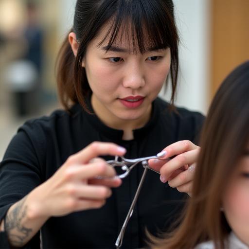 Expert stylist performing precision haircut